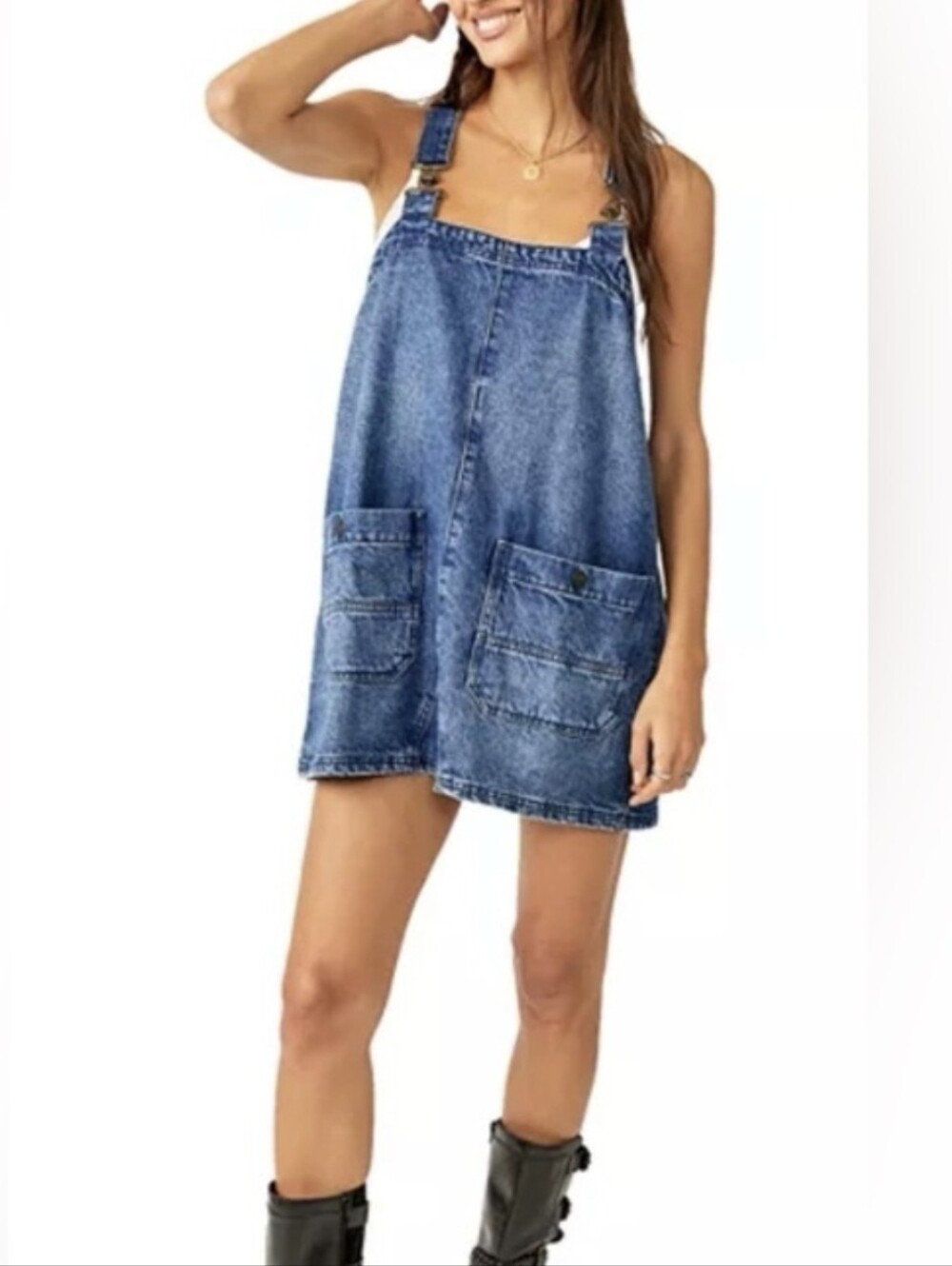 We The Free Denim Pinafore Mini Dress - Blue